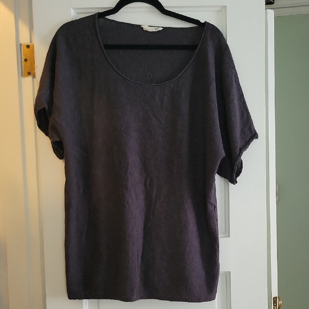 Eileen Fisher Dark Charcoal Grey Linen Slub Short Sleeve Top - L
